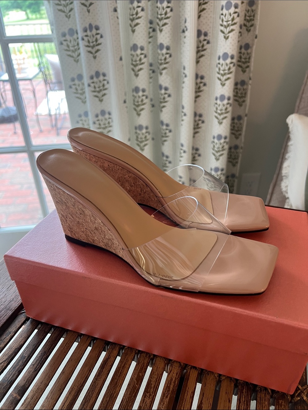 Amazon Essentials Nude Cork Wedge Mule with Clear Strap- New in Box